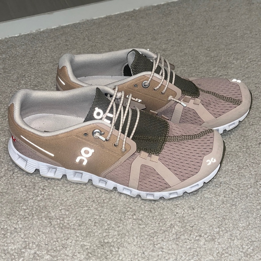 Pink and olive green on cloud shoes